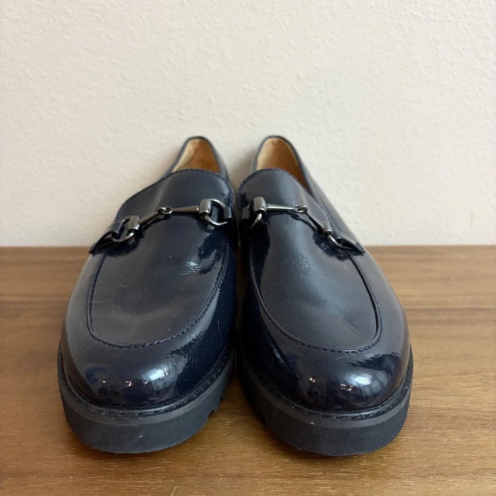 Franco Sarto Cason Loafers Size 11 Navy Blue Patent Horse Bit Lug Dark Academia